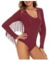 Women's Fringe Trim V Neck Long Sleeve Bodysuit Top Body Suit Concert Cowgirl Disco Outfits Leotard Jumpsuit Wine Red $16.23 ...