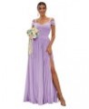 Off The Shoulder Bridesmaid Dresses Long for Wedding Chiffon Maid of Honor Dress V Neck Evening Gowns with Slit Lilac $33.79 ...